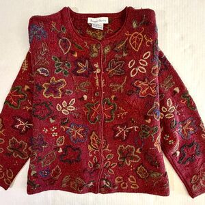 Robert Scott, Burgundy Knit Fall Leaves Sweater Cardigan, L Cottage Grandma